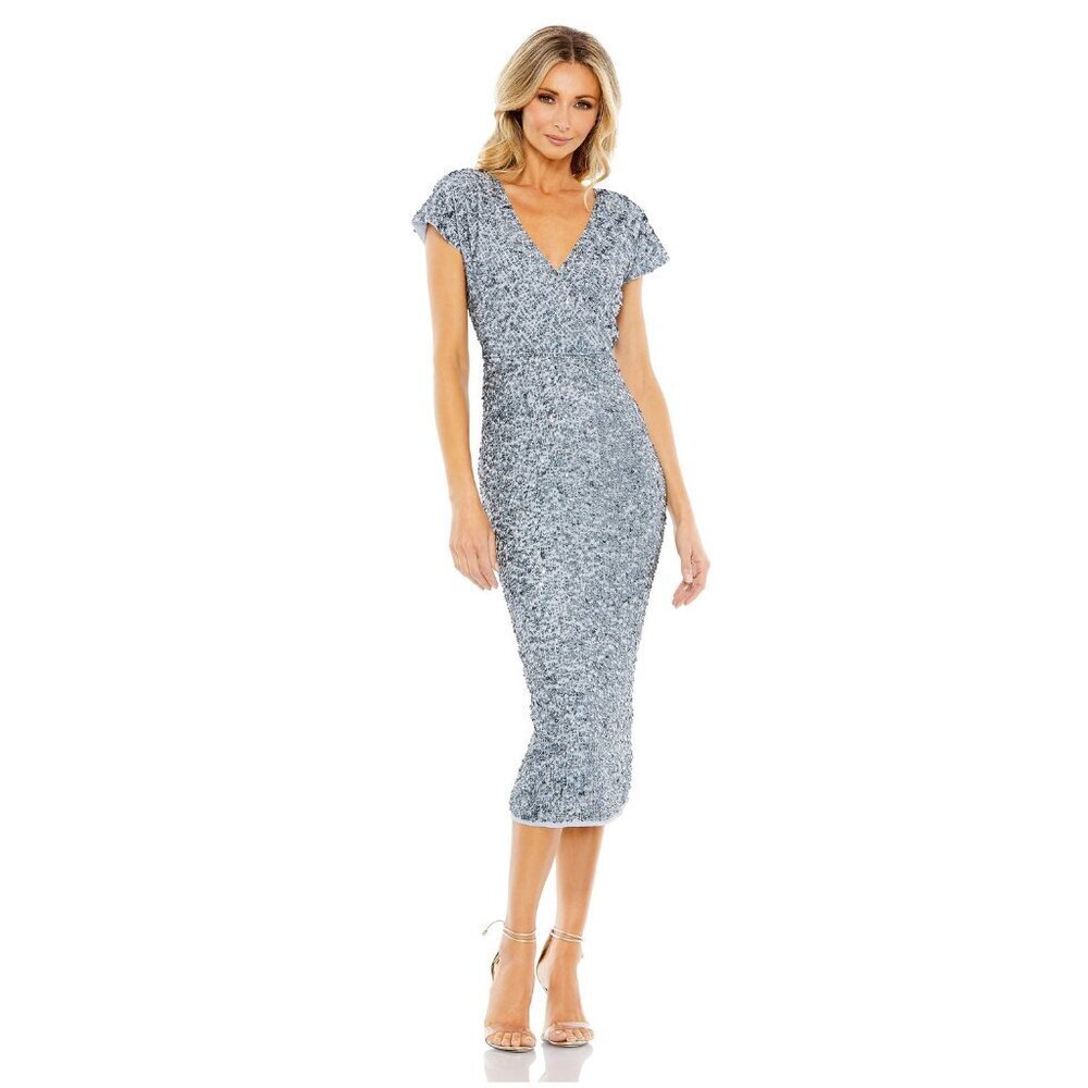 NWT Mac Duggal Gray Sequined Short Sleeve Wrap Over Cocktail Dress Slate 6 #8557